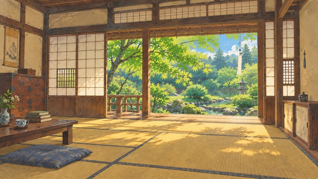 【無料版あり】風鈴が揺れる古民家の部屋 A-07|手描きアニメ調・動く動画背景|10秒ループ