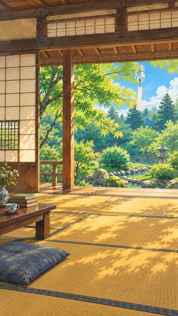 【無料版あり】風鈴が揺れる古民家の部屋|縦型9:16・手描きアニメ調の動く背景|A-07V