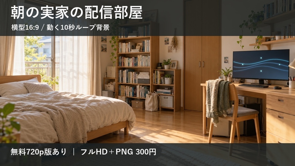 【無料版あり】朝の実家の配信部屋｜横型16:9・動く10秒ループ背景｜A-08