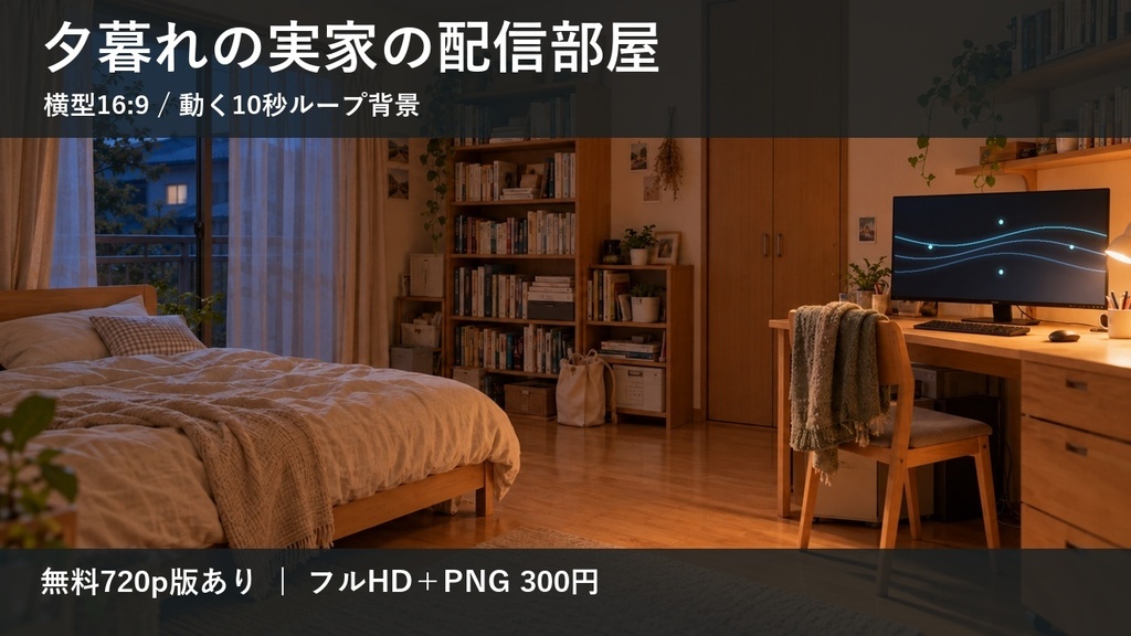 【無料版あり】夕暮れの実家の配信部屋｜横型16:9・動く10秒ループ背景｜A-09