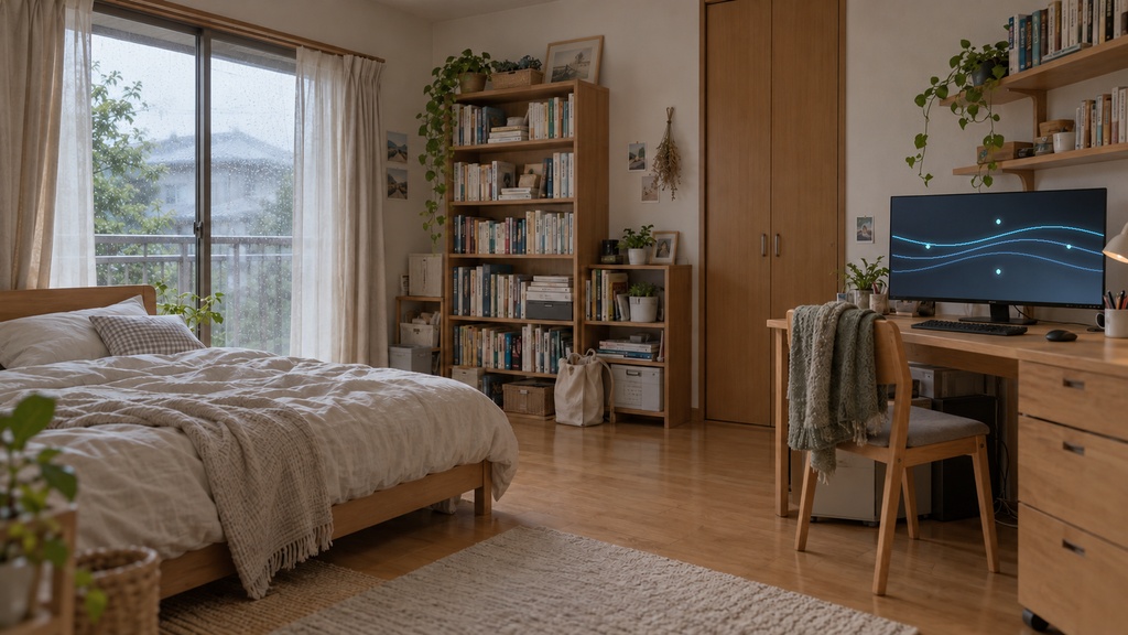 【無料版あり】雨の日の実家の配信部屋|横型16:9・動く10秒ループ背景|A-10