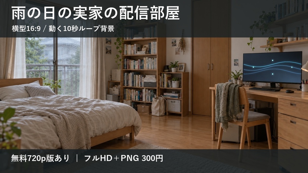 【無料版あり】雨の日の実家の配信部屋｜横型16:9・動く10秒ループ背景｜A-10