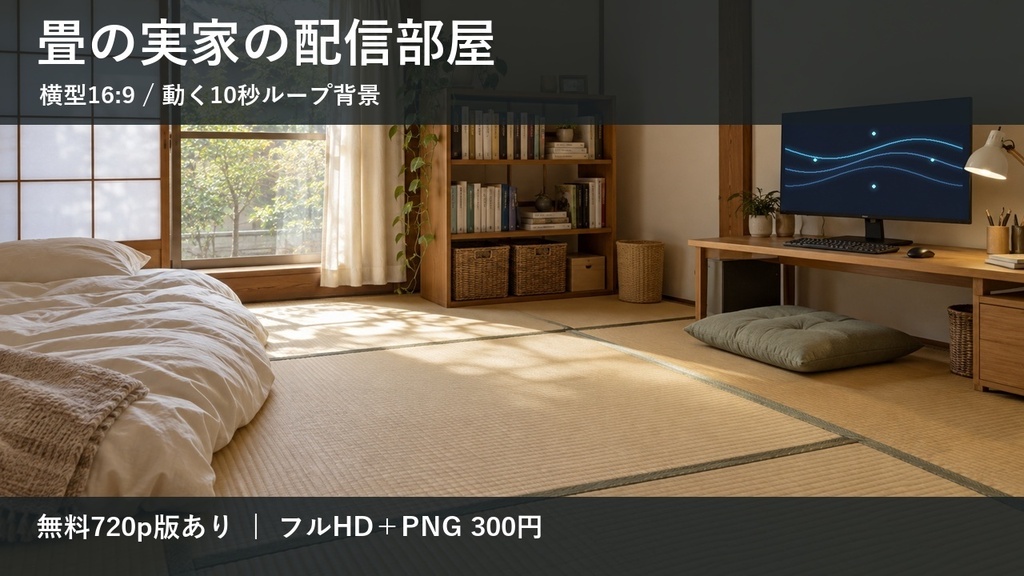 【無料版あり】畳の実家の配信部屋｜横型16:9・動く10秒ループ背景｜A-11