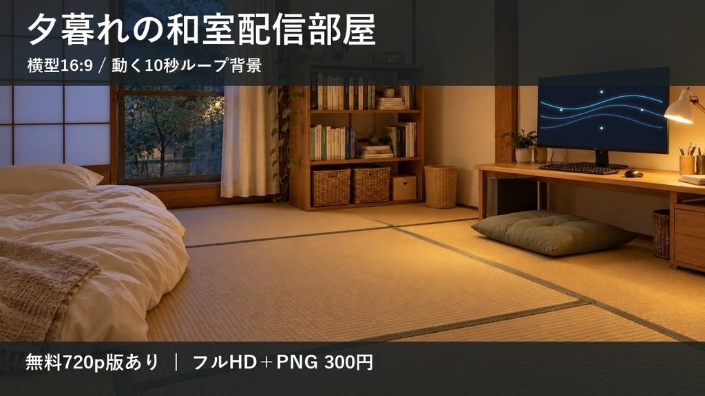 【無料版あり】夕暮れの和室配信部屋｜横型16:9・動く10秒ループ背景｜A-12