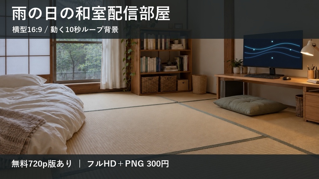 【無料版あり】雨の日の和室配信部屋｜横型16:9・動く10秒ループ背景｜A-13