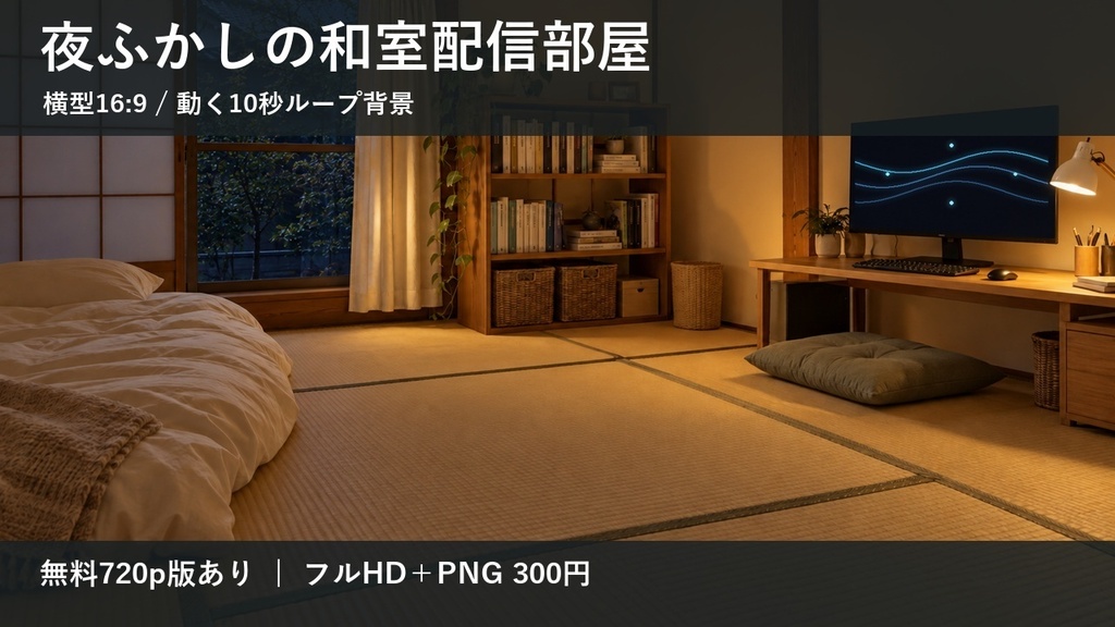 【無料版あり】夜ふかしの和室配信部屋｜横型16:9・動く10秒ループ背景｜A-14