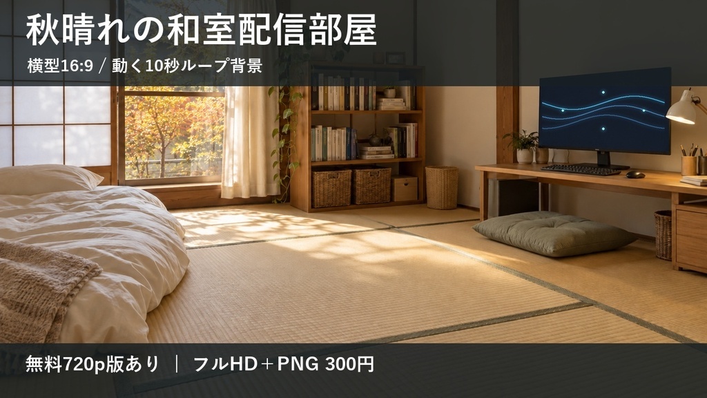 【無料版あり】秋晴れの和室配信部屋|横型16:9・動く10秒ループ背景|A-15