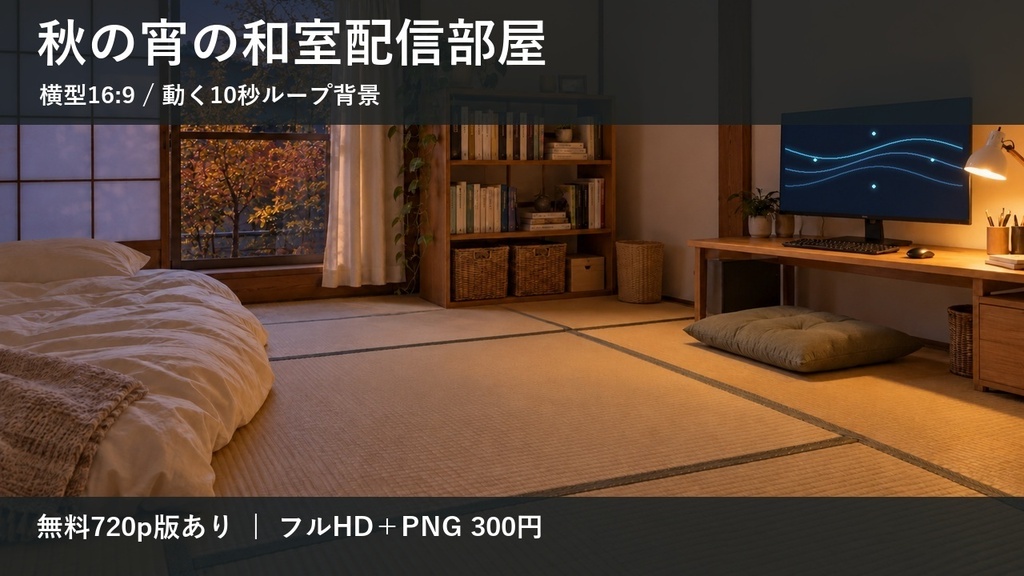 【無料版あり】秋の宵の和室配信部屋｜横型16:9・動く10秒ループ背景｜A-16