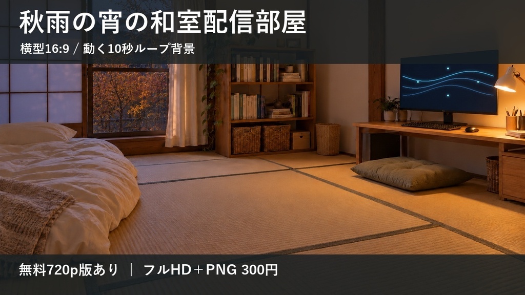 【無料版あり】秋雨の宵の和室配信部屋｜横型16:9・動く10秒ループ背景｜A-17