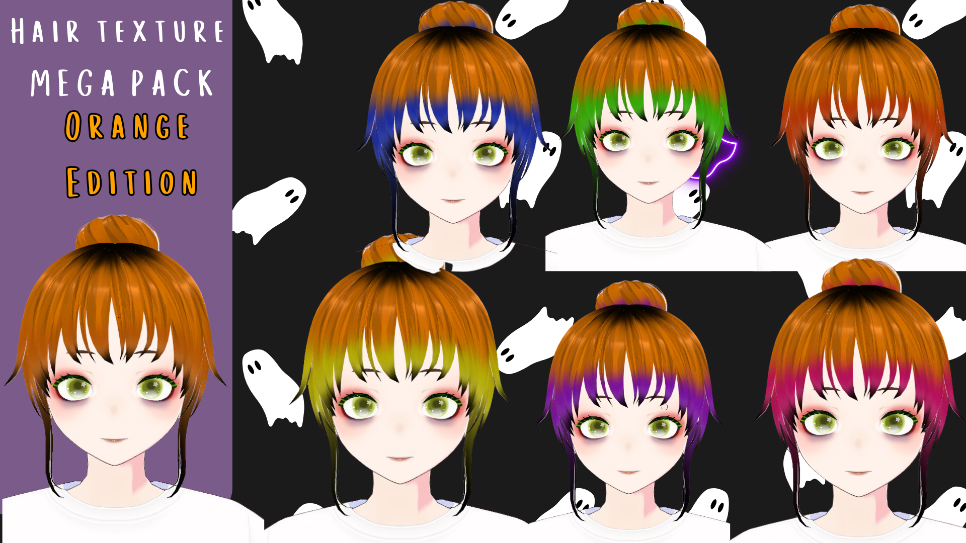 Orange with color faded to black tips hair texture  mega pack