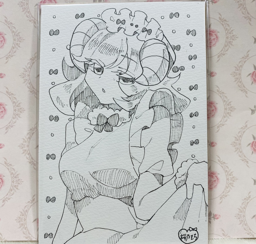 ポストカードサイズ原画「ツノっ子メイド🎀」