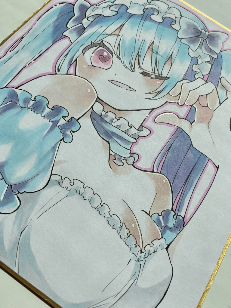 アナログ色紙「水色のメイドさん🩵」