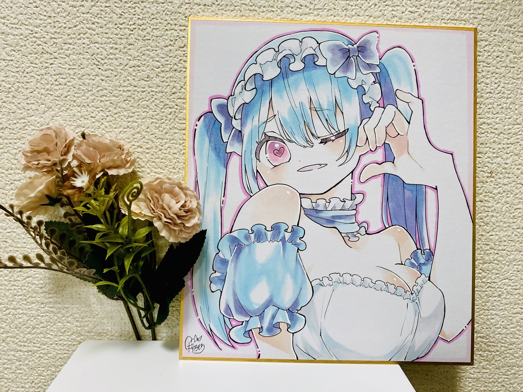 アナログ色紙「水色のメイドさん🩵」