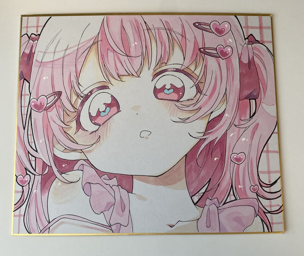 ふわふわピンクで溢れた女の子|手描き色紙