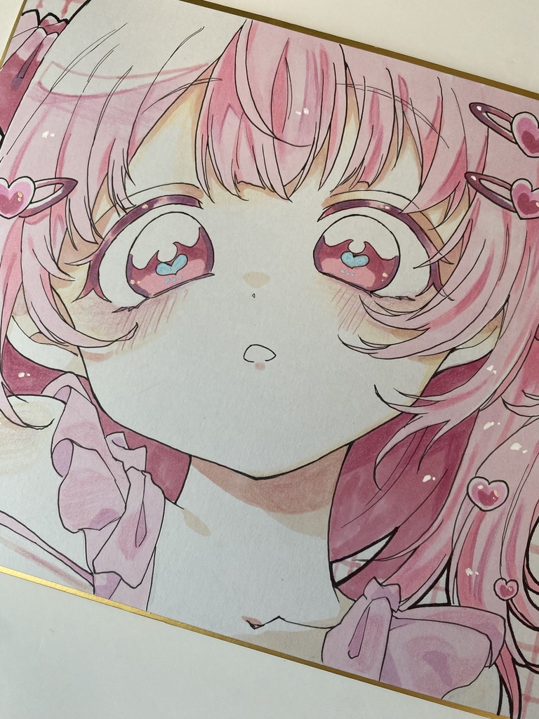 ふわふわピンクで溢れた女の子|手描き色紙