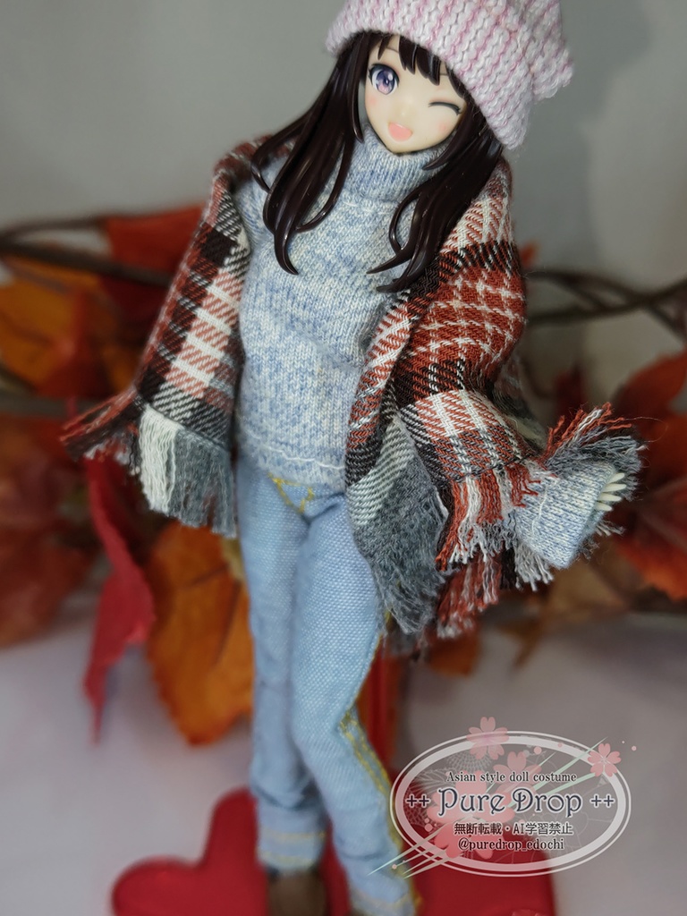 ■1/12サイズ ストール チェック柄 赤×グレー (創彩少女庭園・ドレスアップボディMで着用確認)