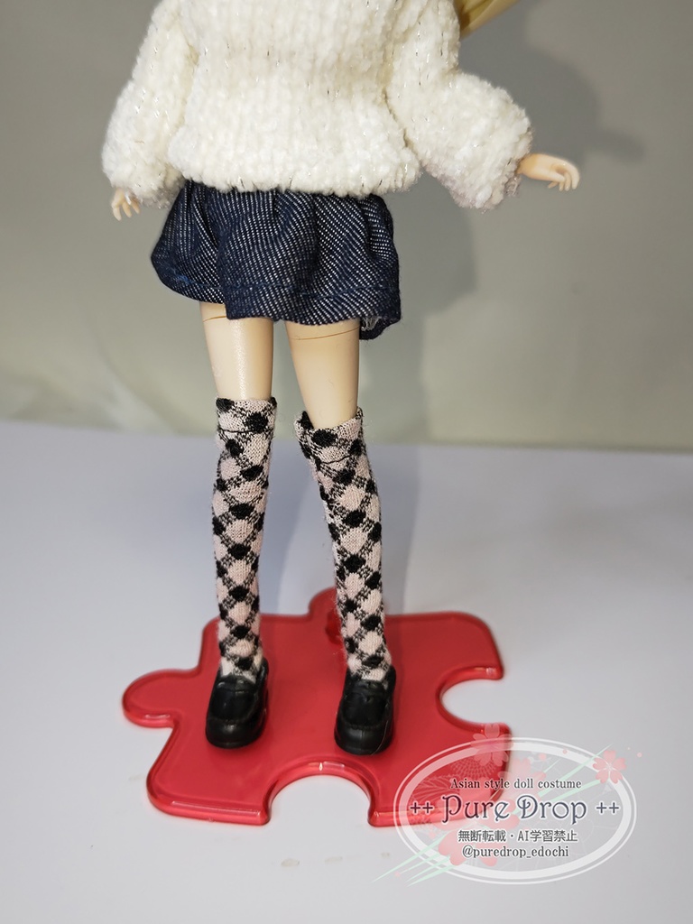 1/12　1/10　サイズ ニーハイソックス・バイアスチェック　ピンク&ブラック　(創彩少女庭園ドレスアップL・Sボディで確認)