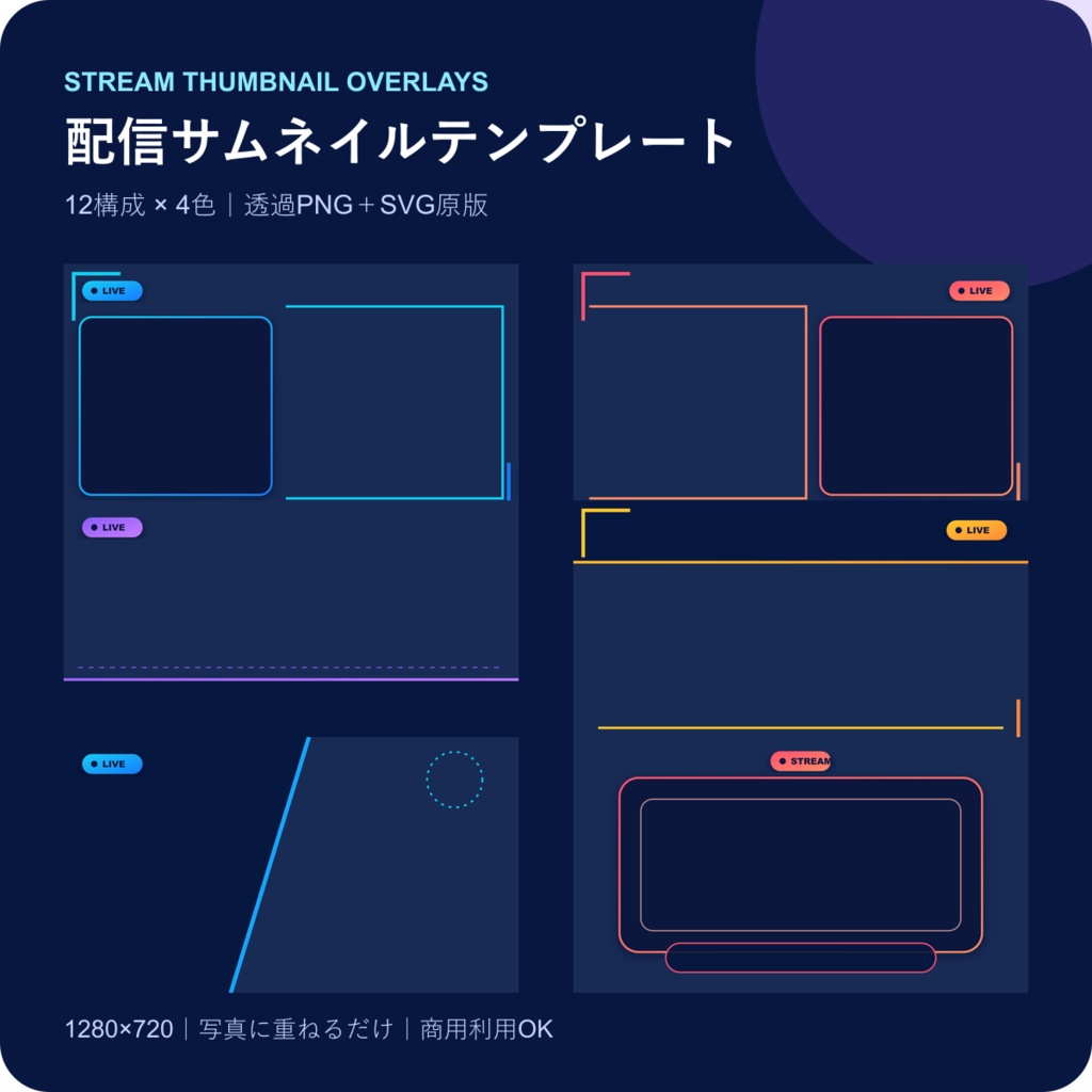 【商用利用OK】配信サムネイルテンプレート48種｜透過PNG＋SVG