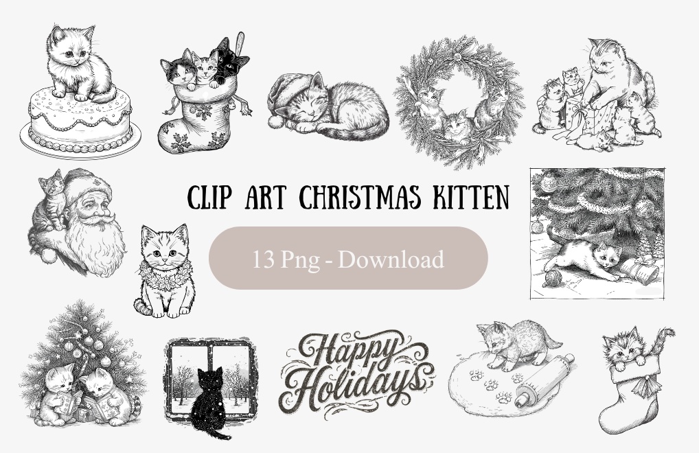 🎄🐾 クリスマス × 猫の線画クリップアート 12点＋1 おまけセット 🐾🎄