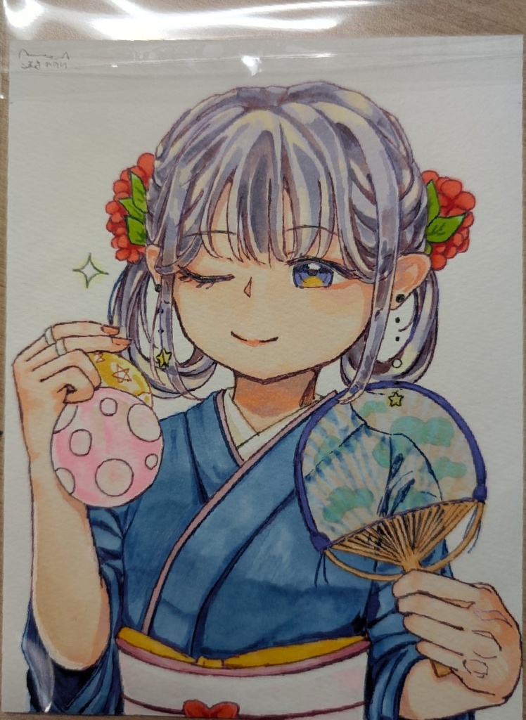 夏祭り-水風船と浴衣少女（ミニスケッチブック原画）