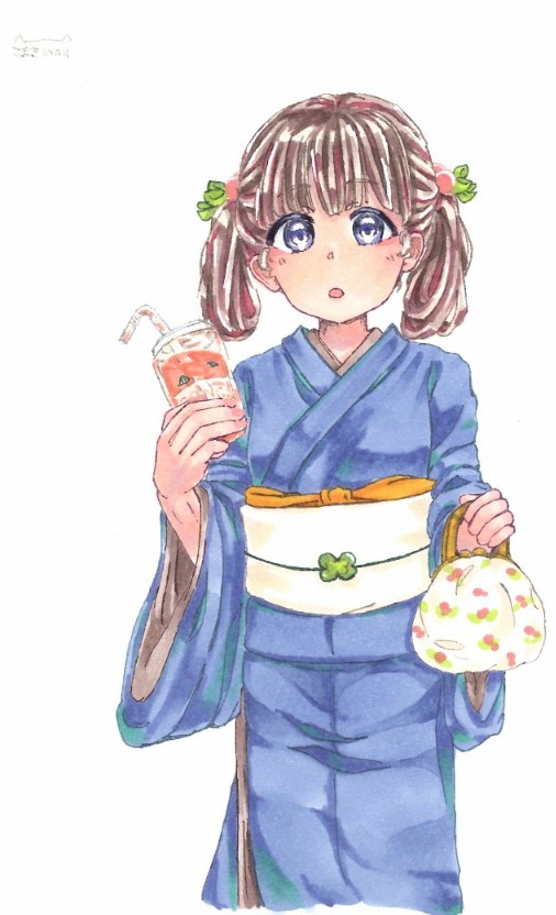 夏祭り-桃ドリンク浴衣少女(F1サイズスケッチブック原画)