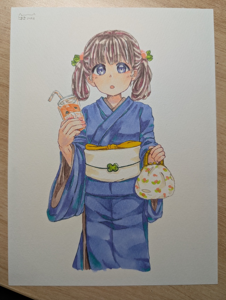 夏祭り-桃ドリンク浴衣少女(F1サイズスケッチブック原画)