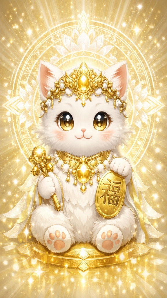 招福ねこ神（白金） スマホ壁紙 4K｜縦9:16｜デジタルアート