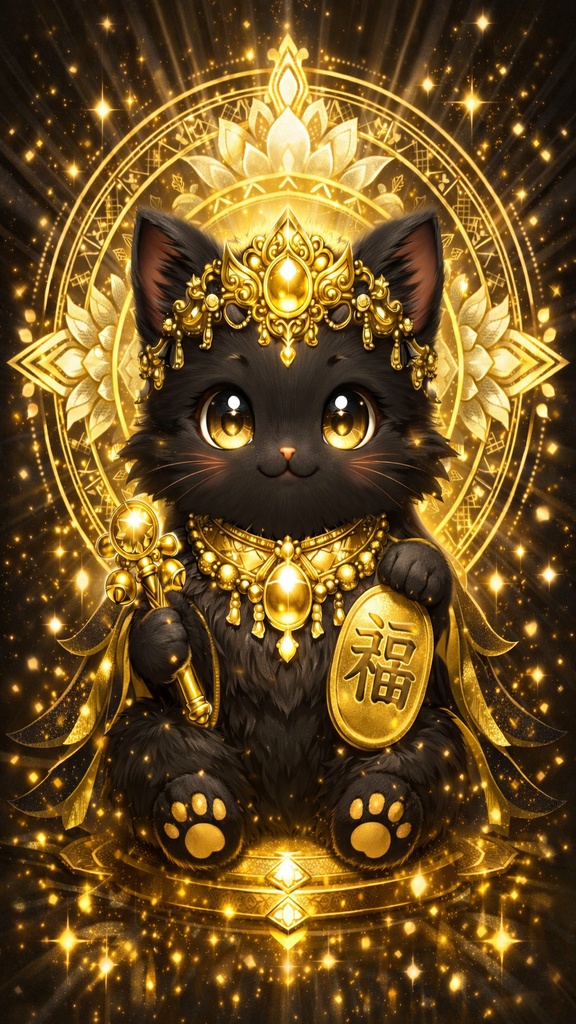 招福ねこ神（黒金） スマホ壁紙 4K｜縦9:16｜デジタルアート
