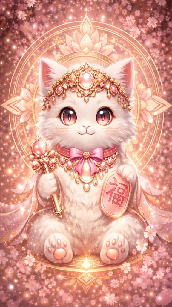 招福ねこ神（桜白金） スマホ壁紙 4K｜縦9:16｜デジタルアート