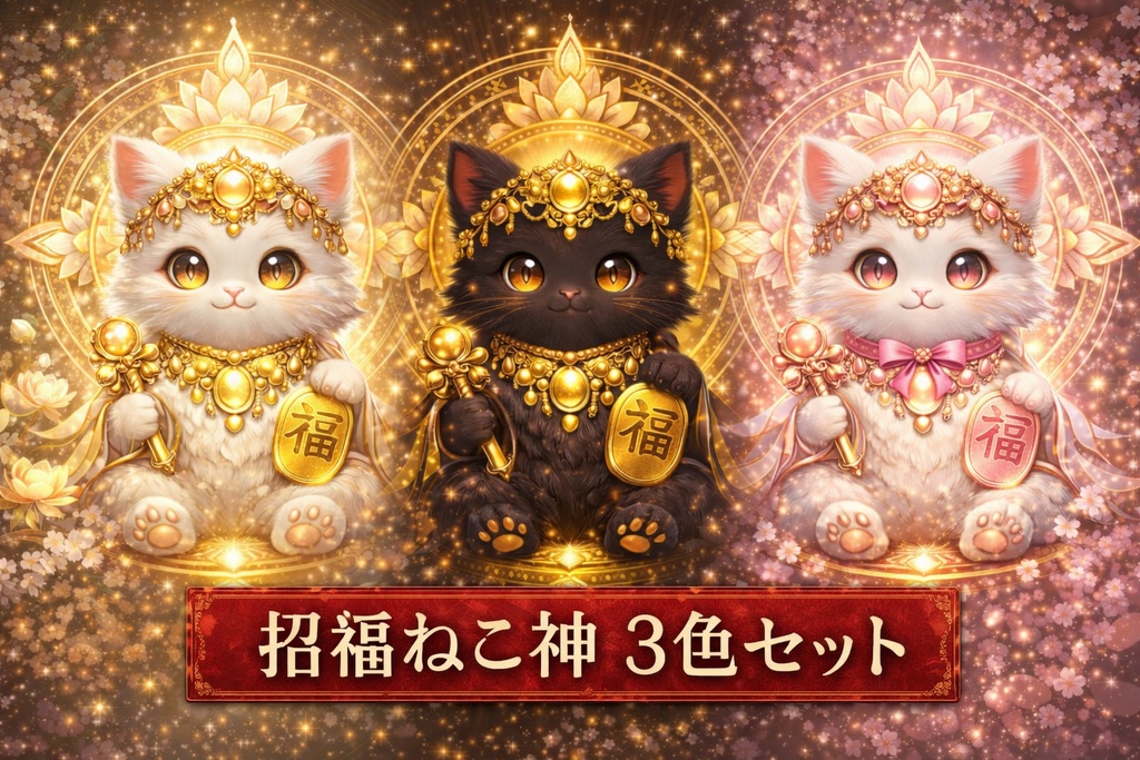 招福ねこ神 3色セット 白金・黒金・桜白金｜スマホ壁紙 4K｜縦9:16