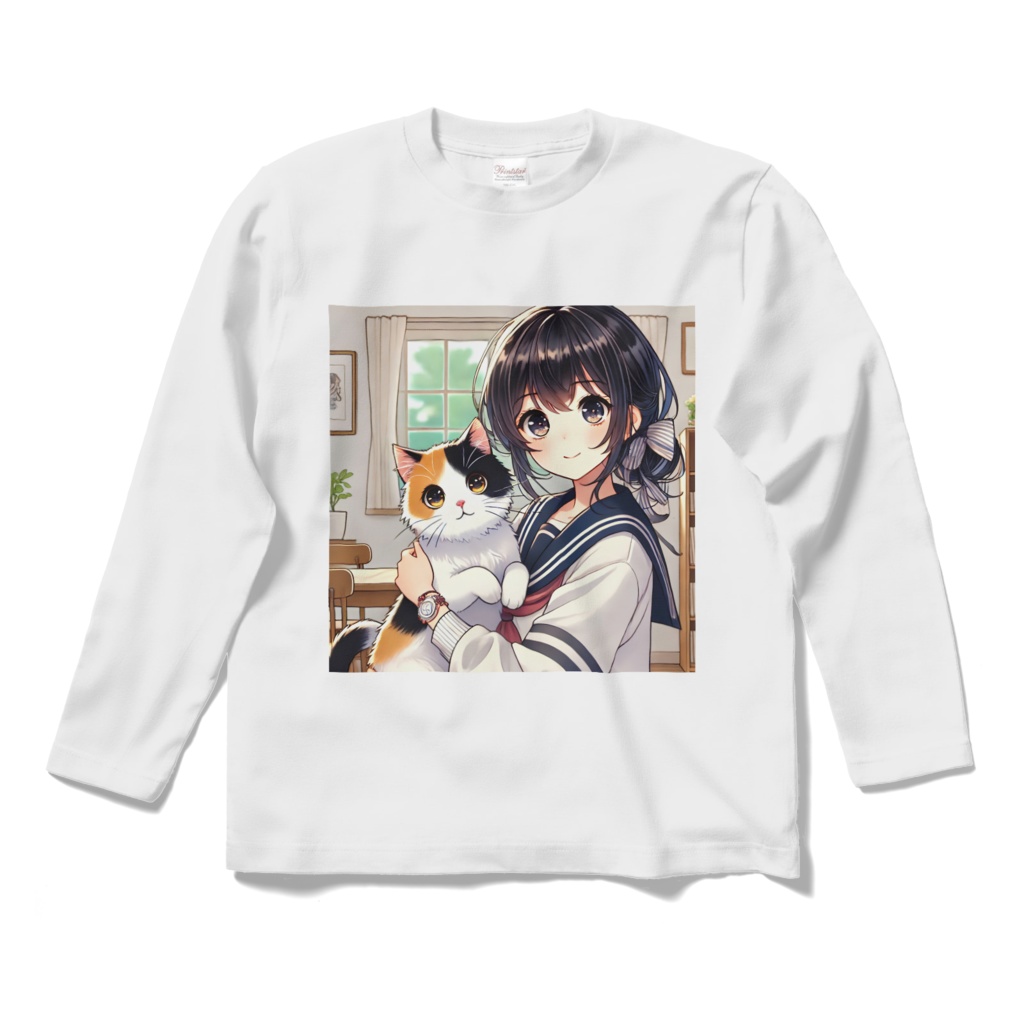 セーラー服の少女と三毛猫の長袖シャツ