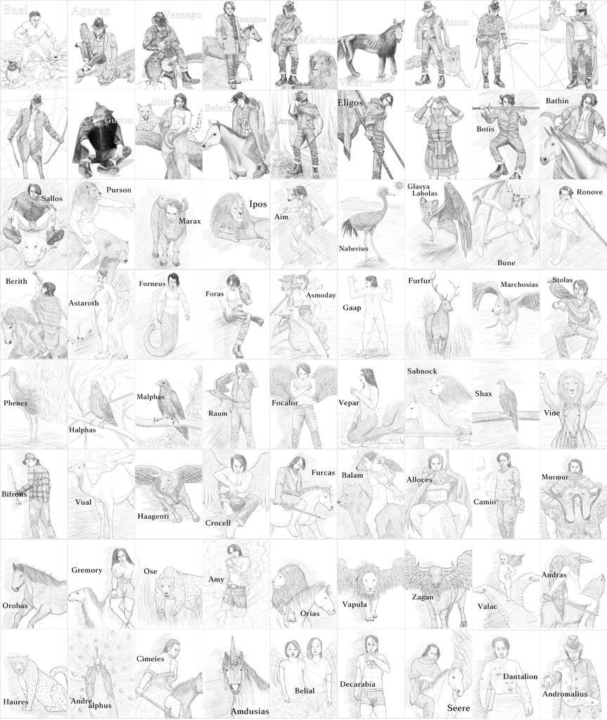 ソロモン72柱の悪魔のイラスト1枚 木製フレーム付