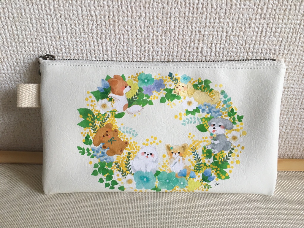 ぺたんこポーチ こいぬのリース＊ポストカード付き