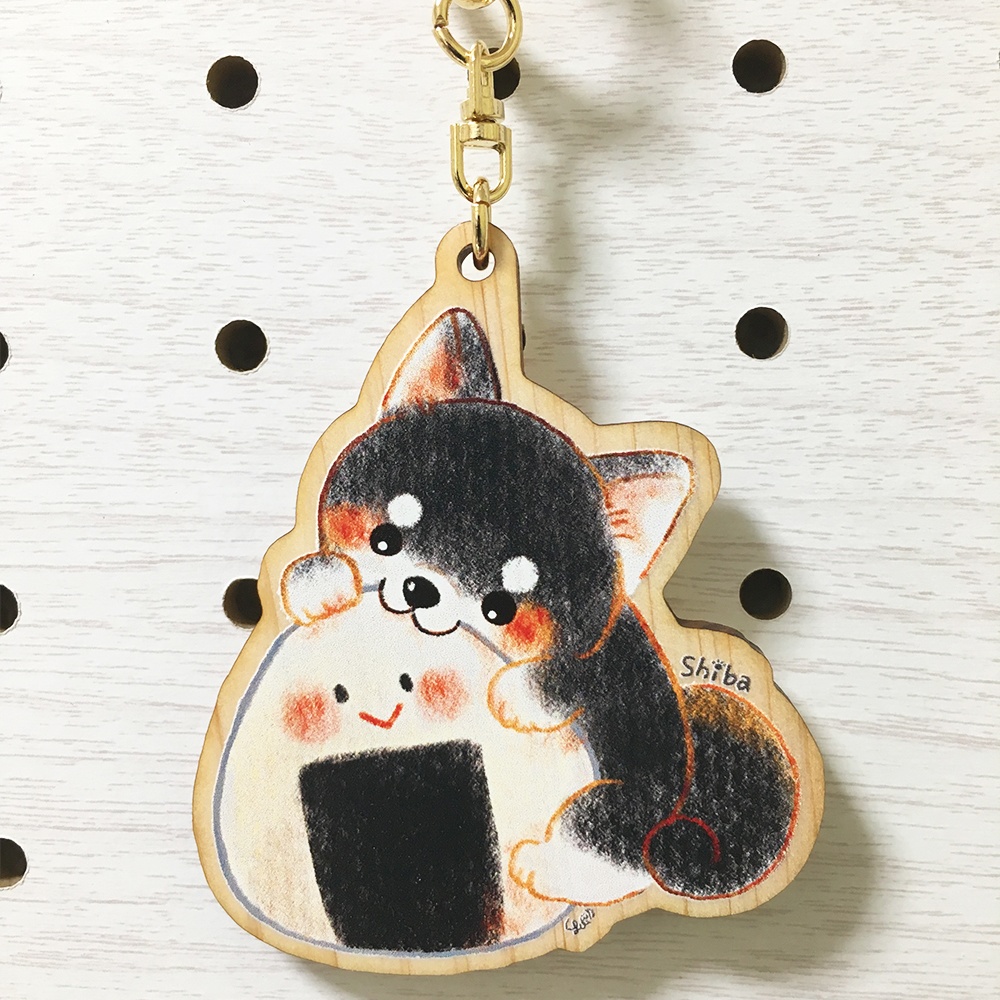 木製キーホルダー おにぎり黒柴