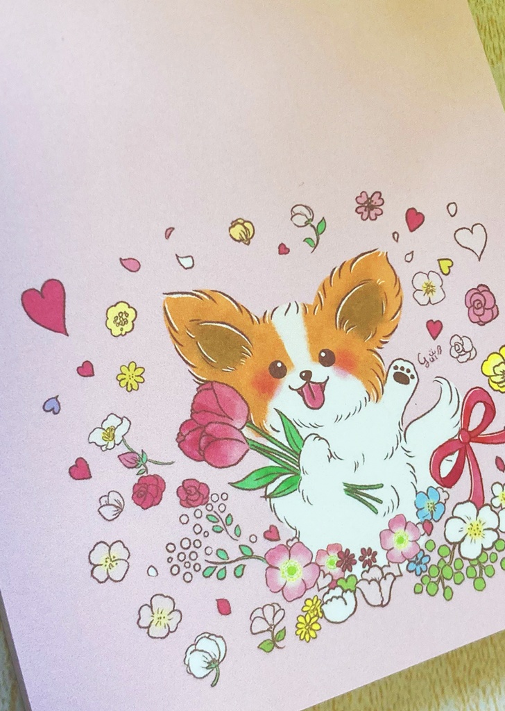 【新作パピヨングッズ】メモパッド・メモ帳・メッセージカード✿チューリップとパピヨン✿