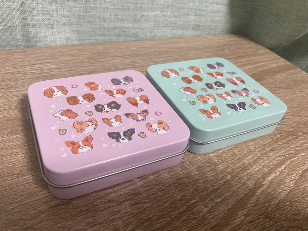 パピヨンスクエア缶 ピーチピンク・ミントグリーン