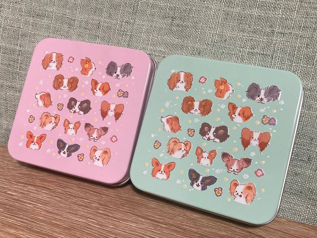 パピヨンスクエア缶　　ピーチピンク・ミントグリーン