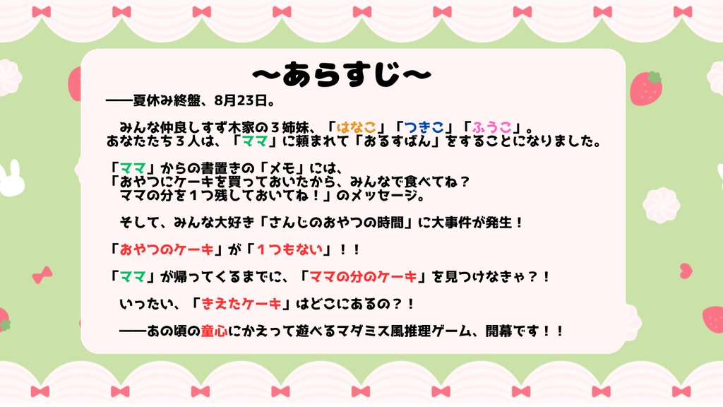 3人用マーダーミステリー「おこちゃまだみす。~きえたケーキのなぞ~」