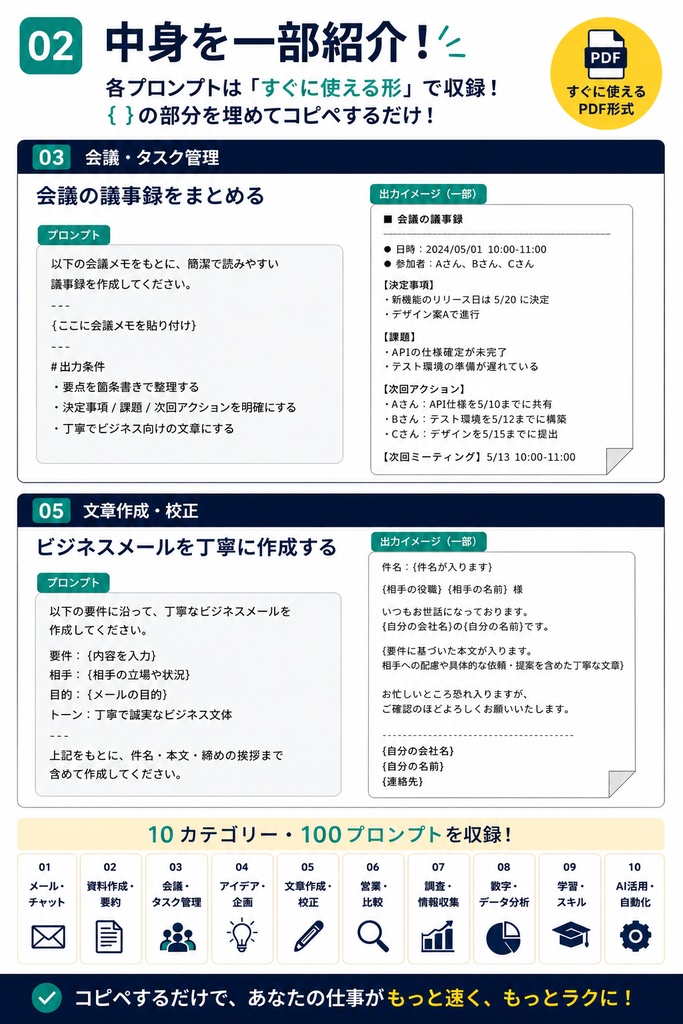 ChatGPTにそのままコピペできる|仕事の時短プロンプト100選【PDF】
