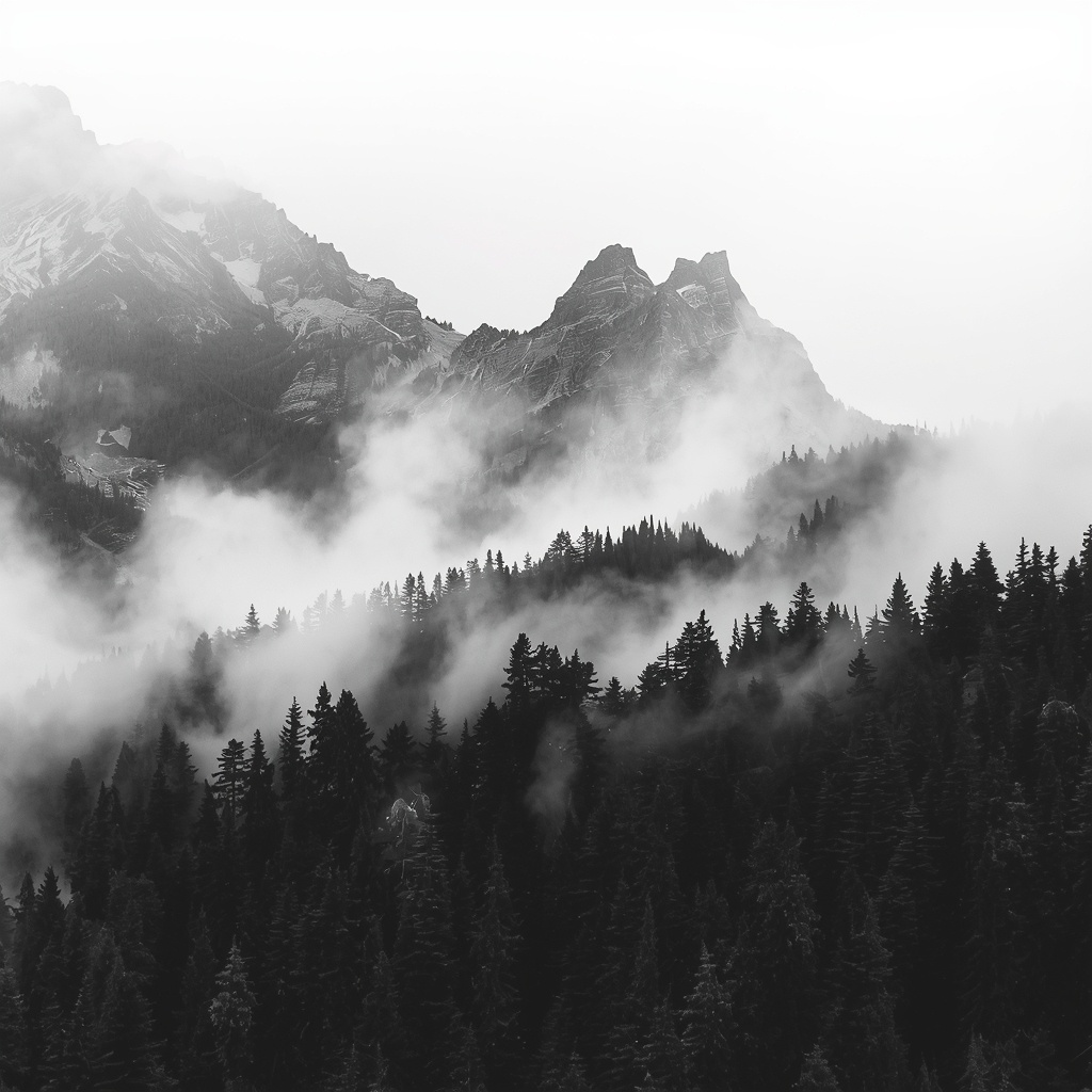 【AIアート】モノクロ幻想風景壁紙｜霧の山・森／商用利用OK