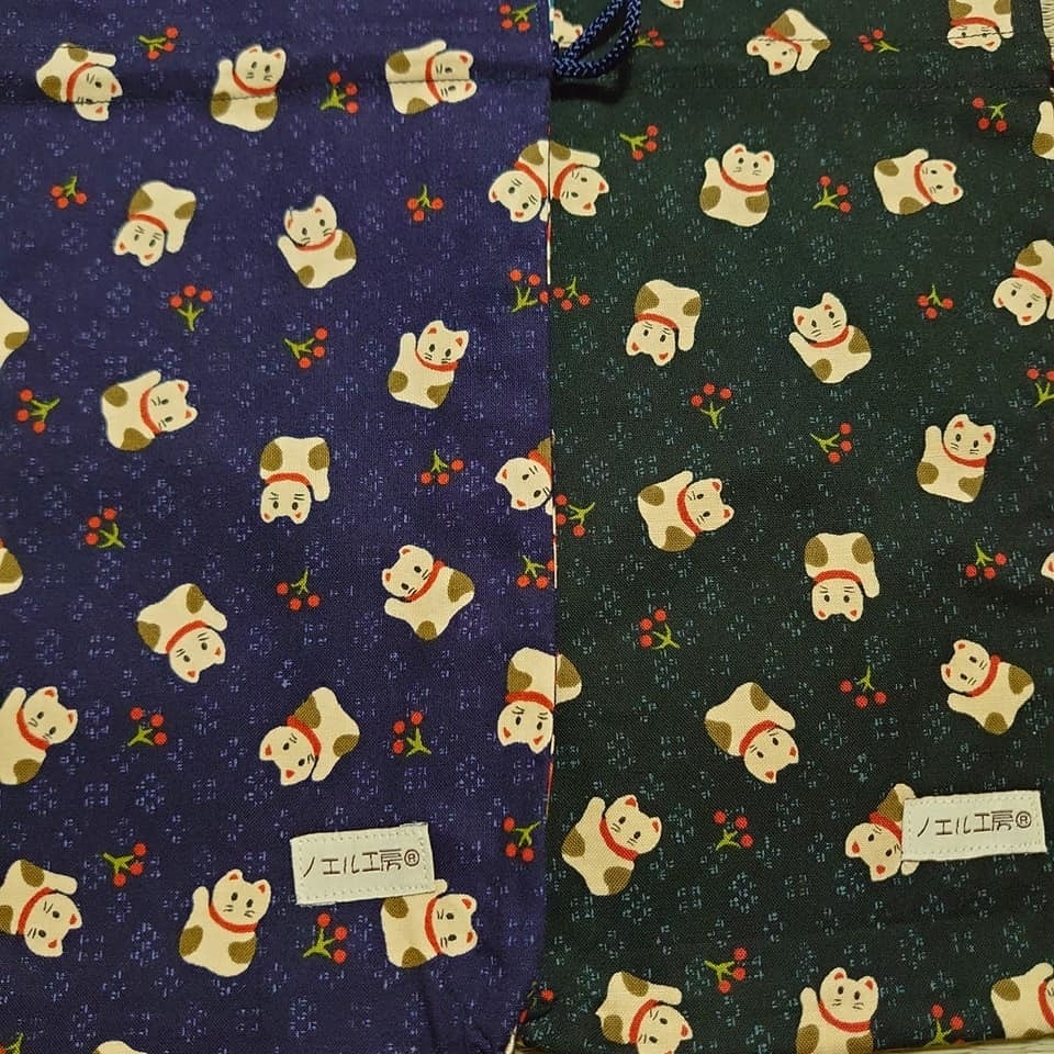 和柄巾着*招き猫