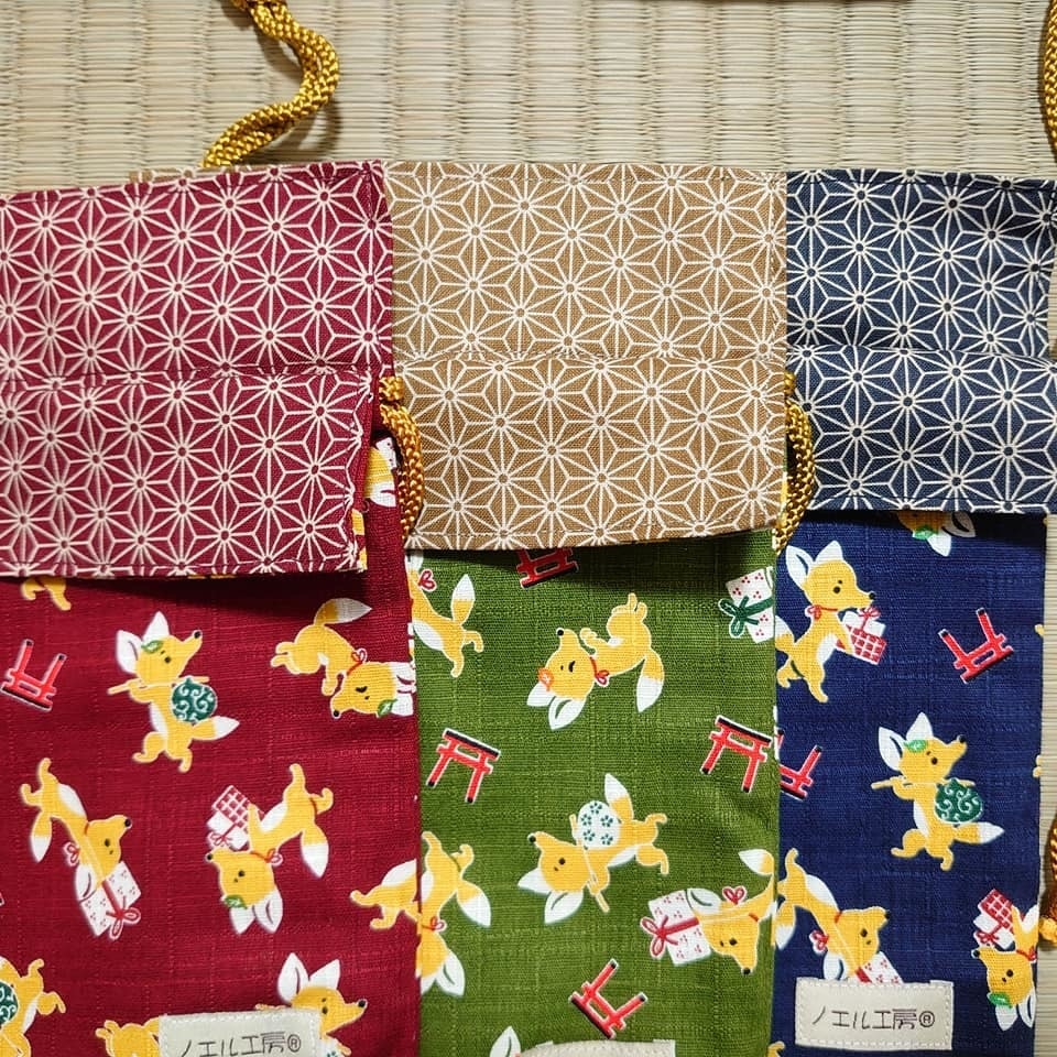 和柄巾着*きつね柄