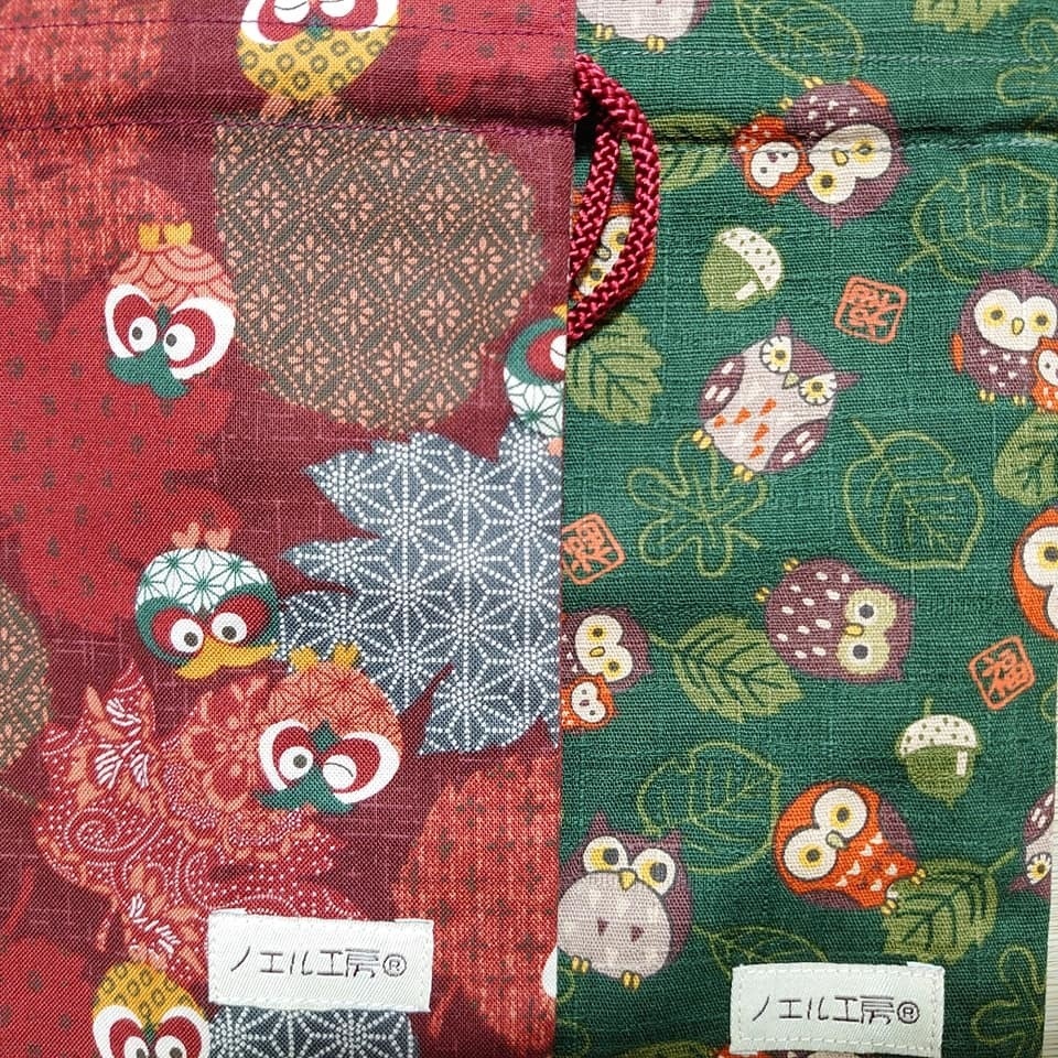和柄巾着*フクロウ柄