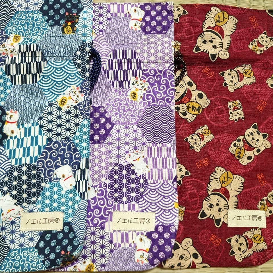 和柄巾着*招き猫