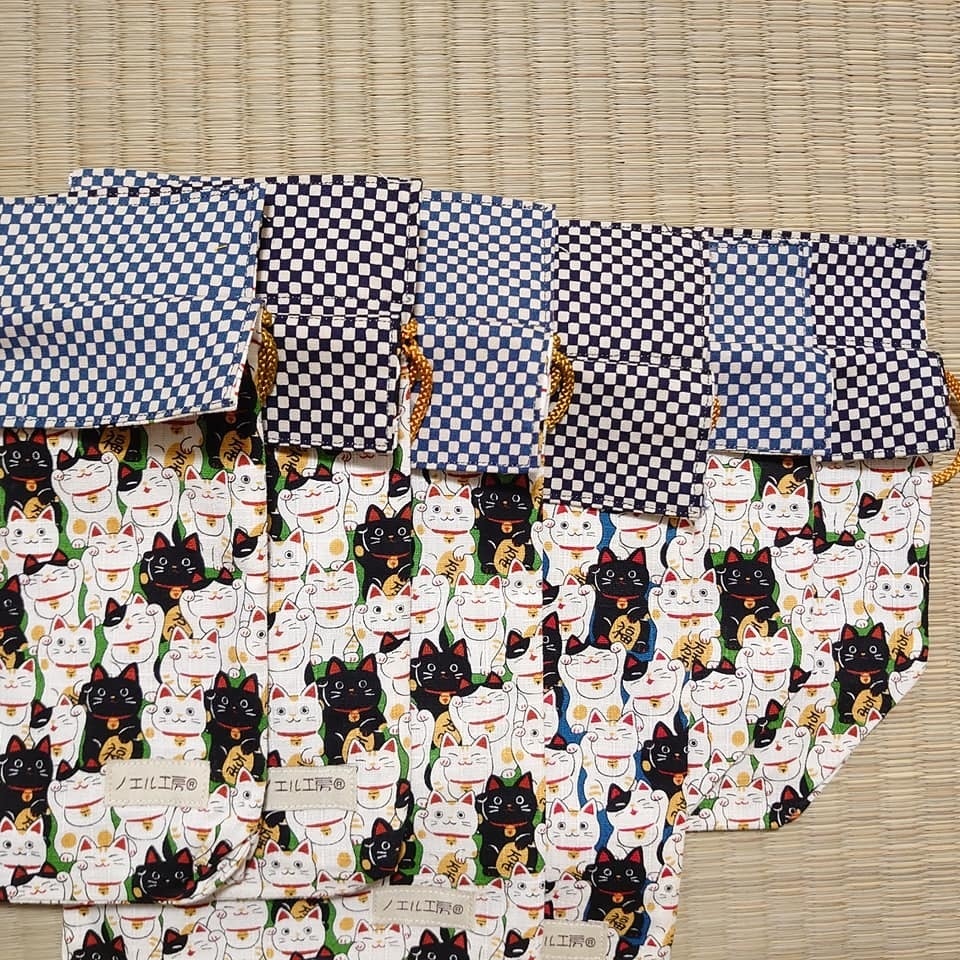 和柄巾着*招き猫