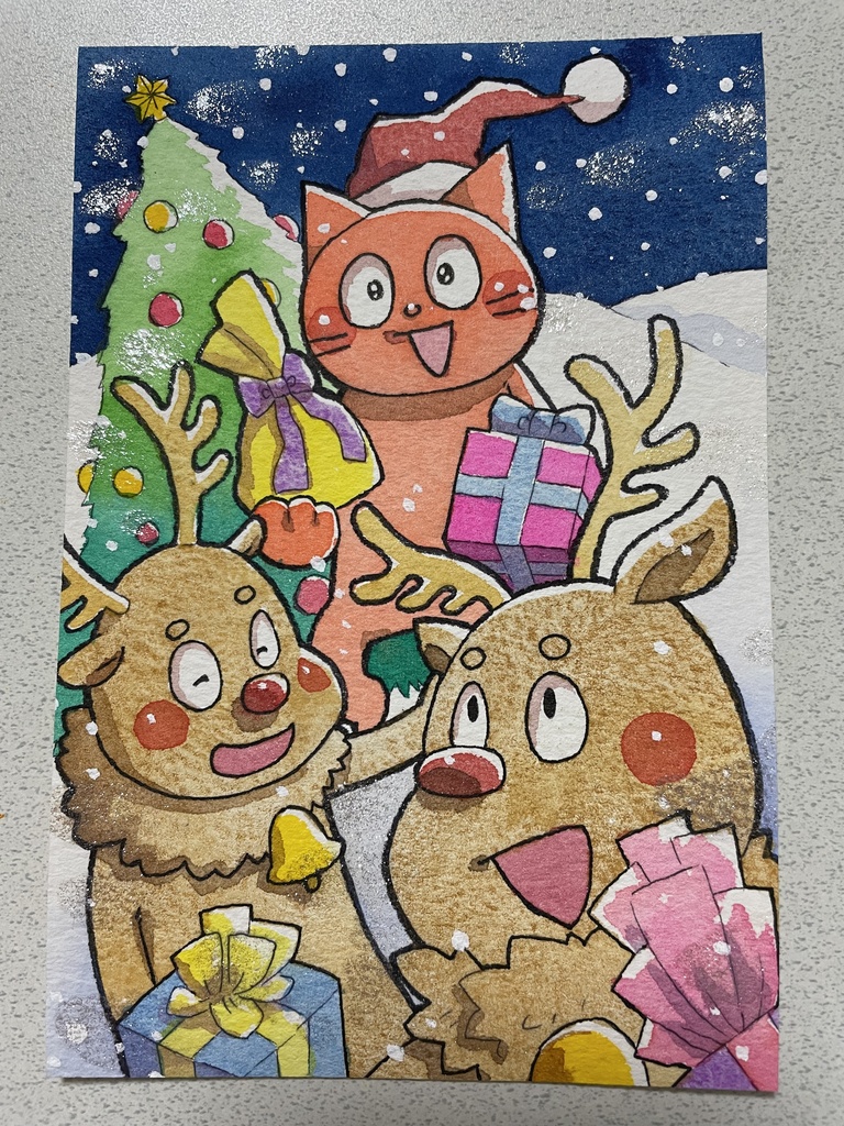 トナカイと猫のキラキラクリスマス【フレームレス原画】