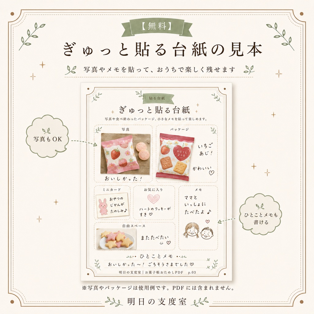【無料】おうちで楽しむお菓子帳おためしPDF|貼る台紙・親子ルールつき