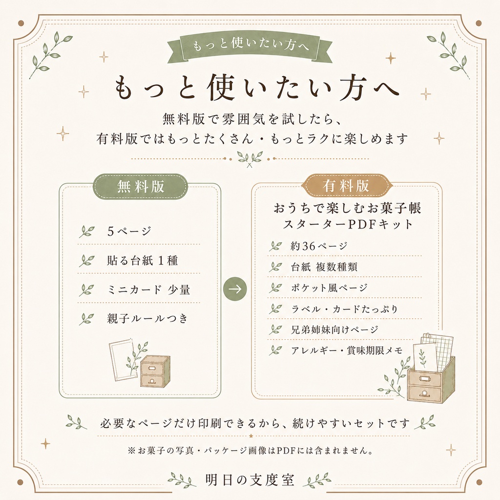 【無料】おうちで楽しむお菓子帳おためしPDF|貼る台紙・親子ルールつき