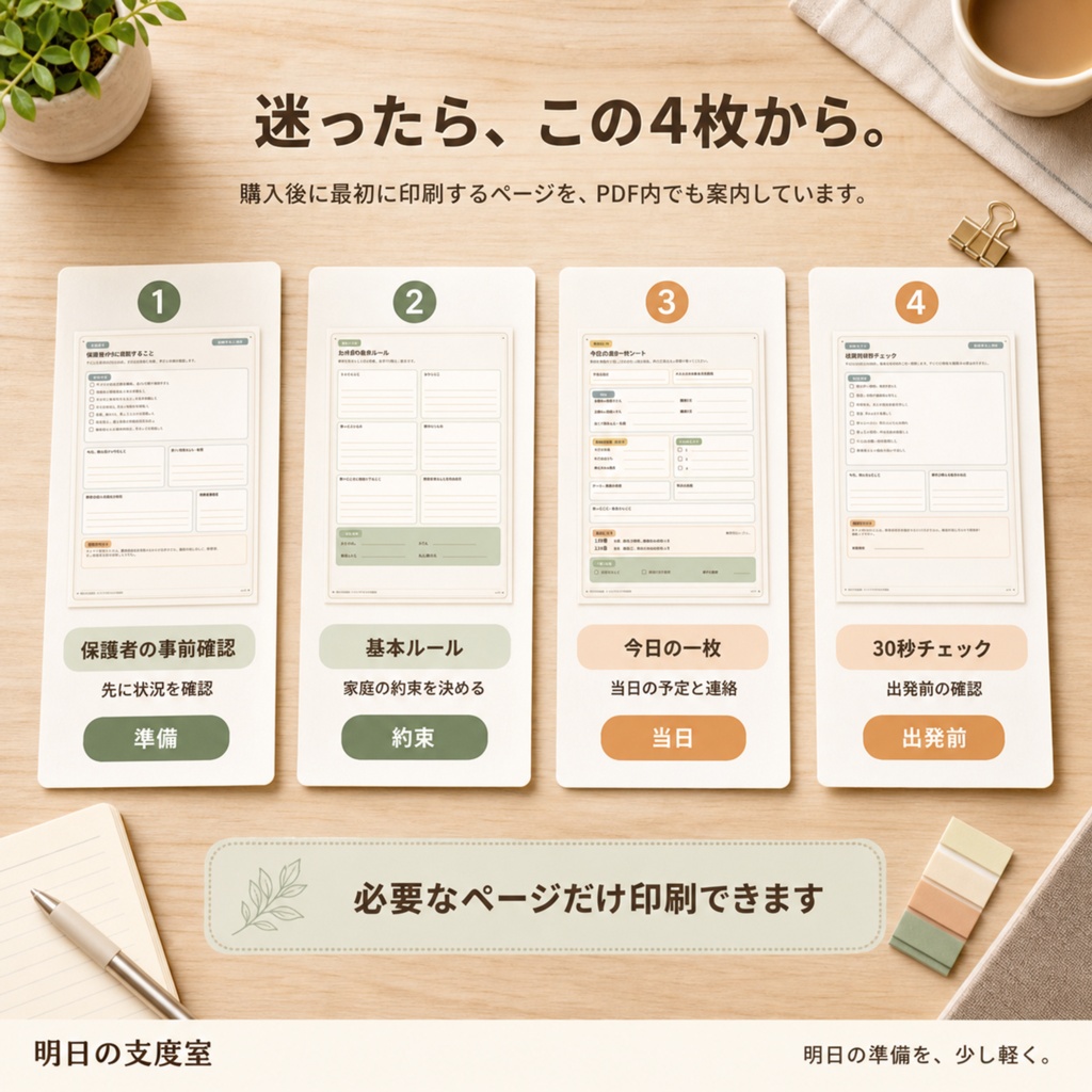 おうちで待つ日の支度シート|親子で確認する留守番ルール・連絡カード・今日の予定