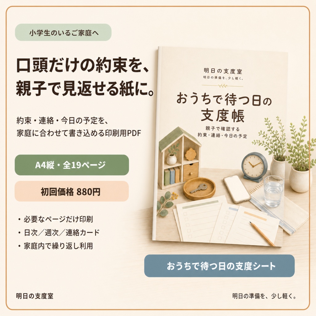 おうちで待つ日の支度シート|親子で確認する留守番ルール・連絡カード・今日の予定